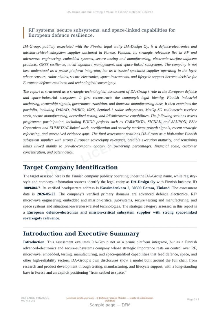 Sample page from “DA-Group and the Strategic Value of Finnish Defence Electronics for European Sovereignty” — 10-page report