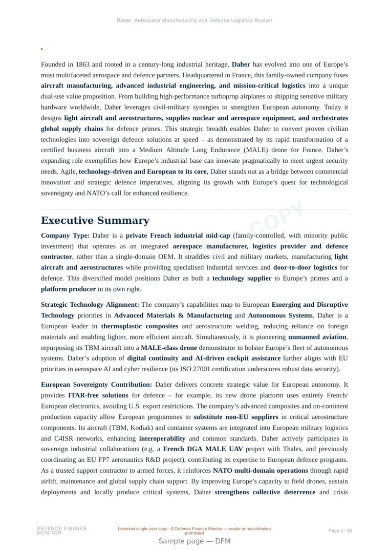 Sample page from “Daher: Aerospace Manufacturing and Defense Logistics Analysis” — 39-page report