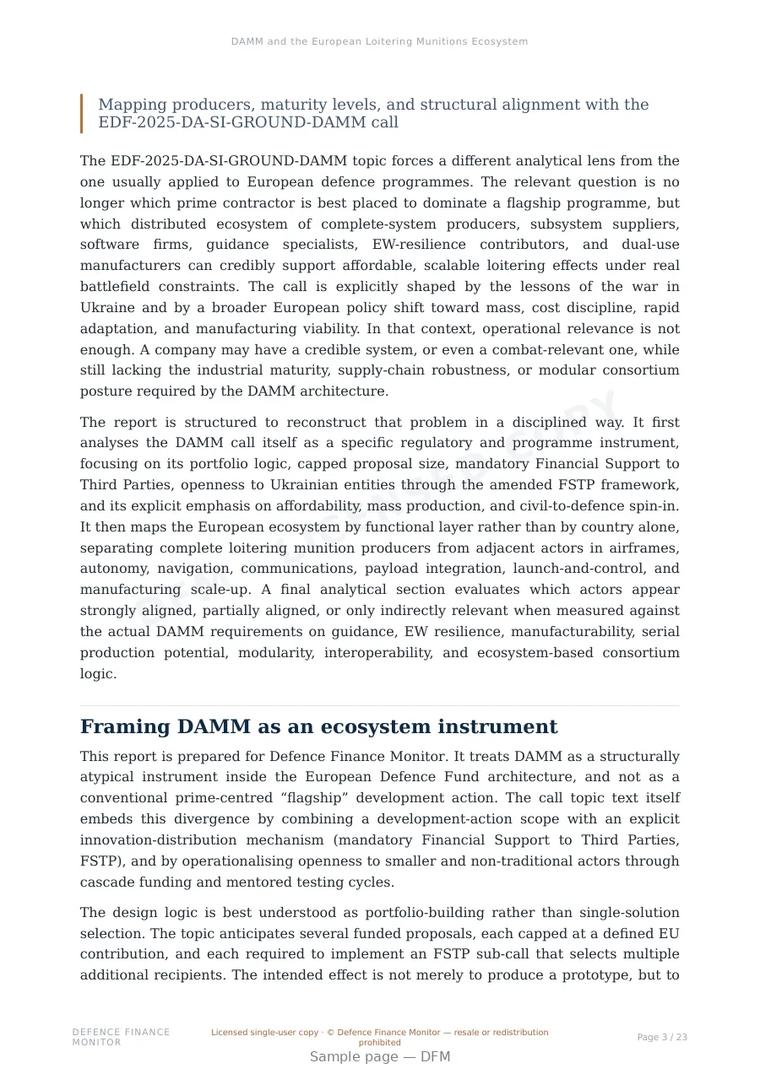 Sample page from “DAMM and the European Loitering Munitions Ecosystem” — 24-page report