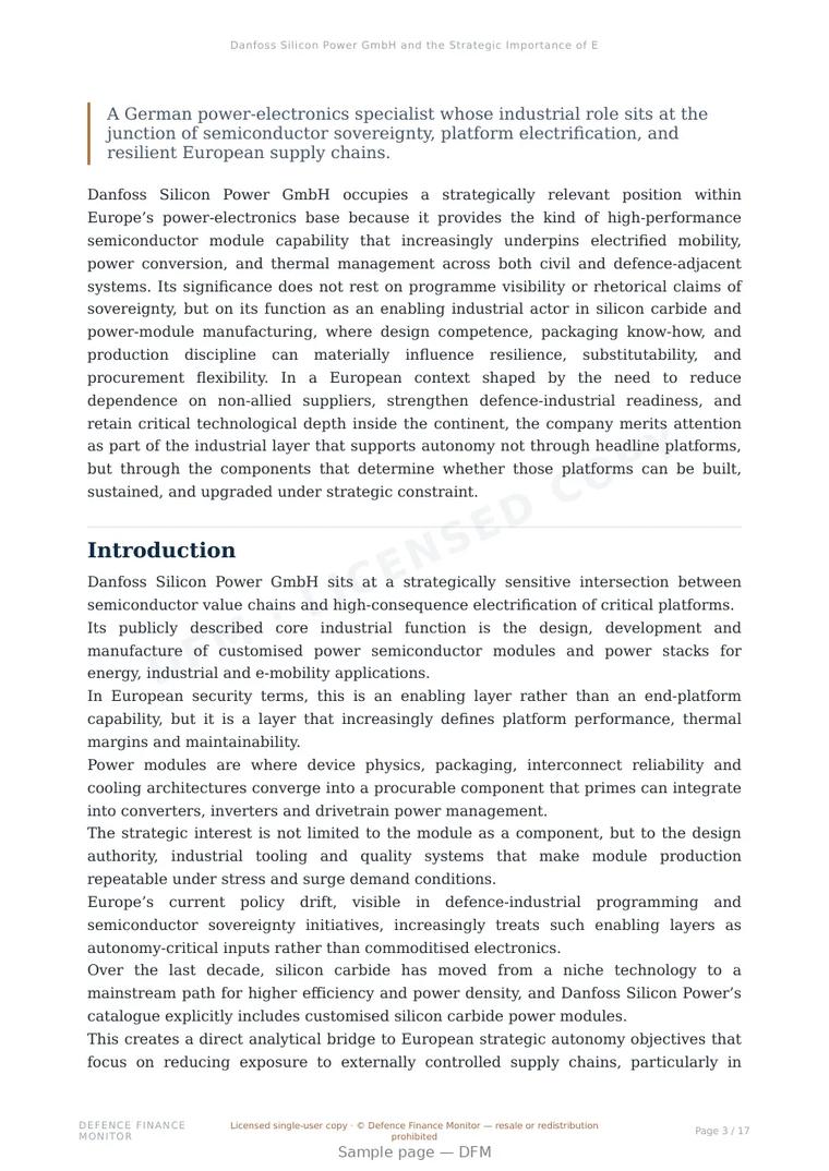 Sample page from “Danfoss Silicon Power GmbH and the Strategic Importance of European SiC Power Module Manufacturing for Defence-Grade Electrification” — 18-page report