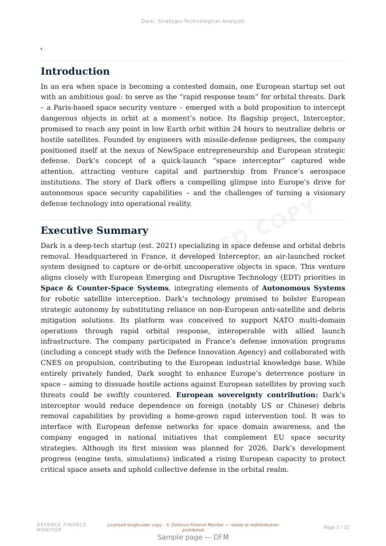 Sample page from “Dark — France defence company” — 33-page report