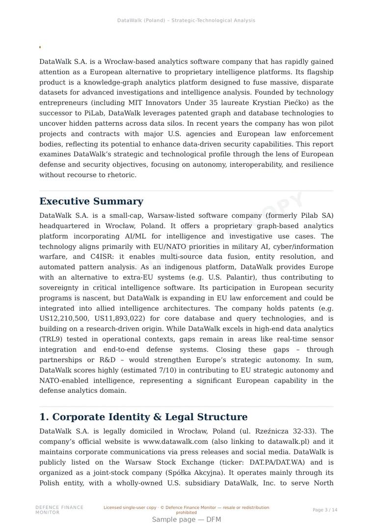 Sample page from “DataWalk S.A. — Poland knowledge graph company” — 15-page report