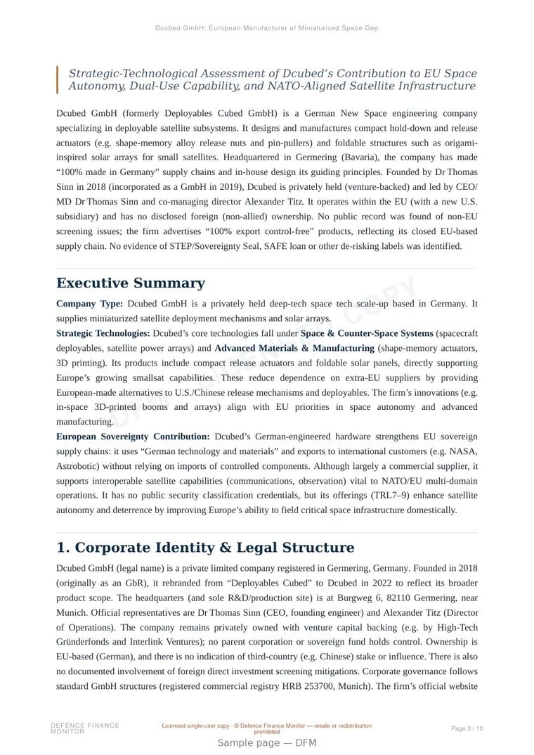 Sample page from “Dcubed GmbH: European Manufacturer of Miniaturized Space Deployment Mechanisms” — 11-page report