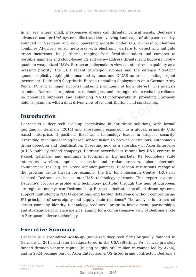 Sample page from “Dedrone – Strategic & Technological Analysis for European Defense” — 18-page report
