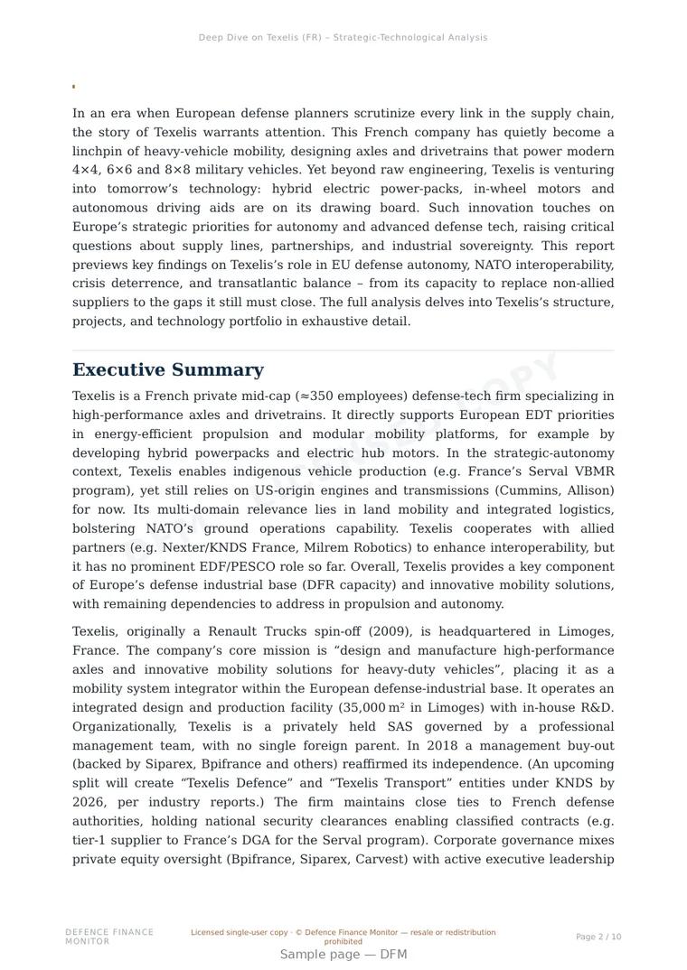 Sample page from “Texelis — France land platforms company” — 11-page report