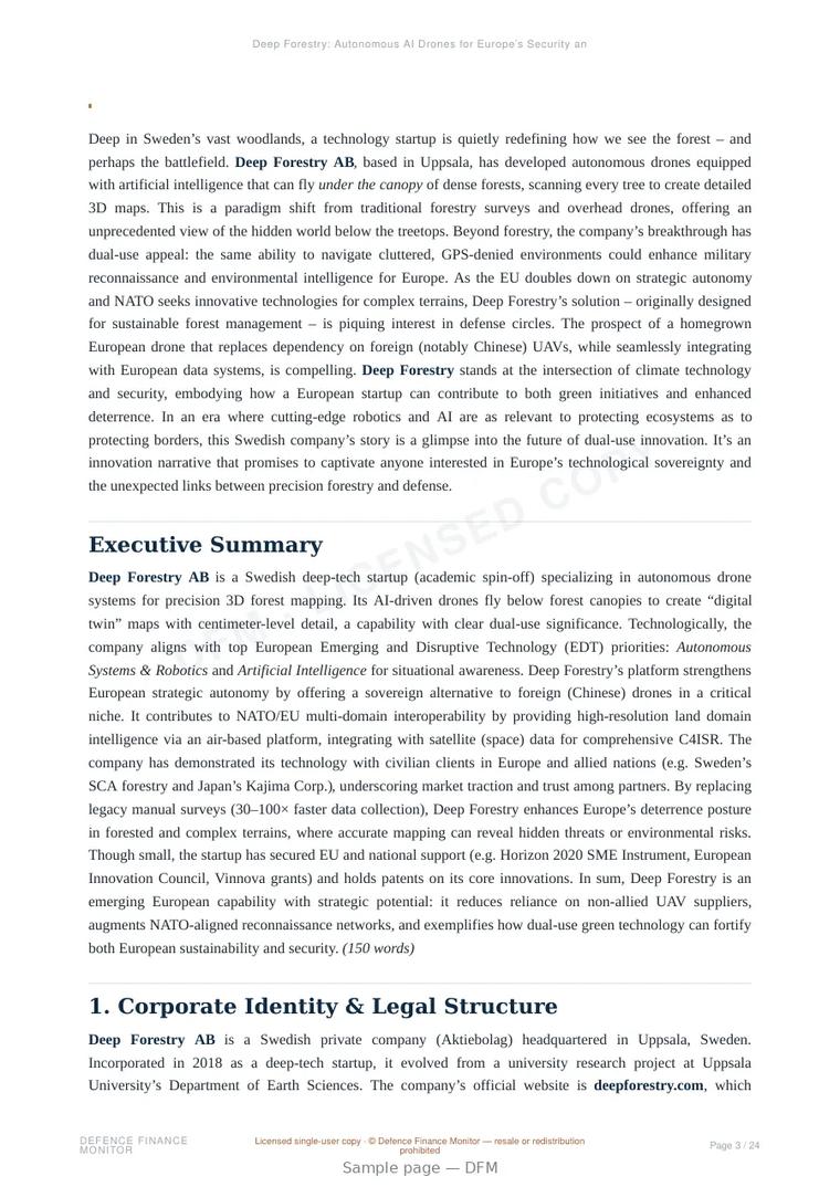 Sample page from “Deep Forestry: Autonomous AI Drones for Europe’s Security and Strategic Autonomy” — 25-page report