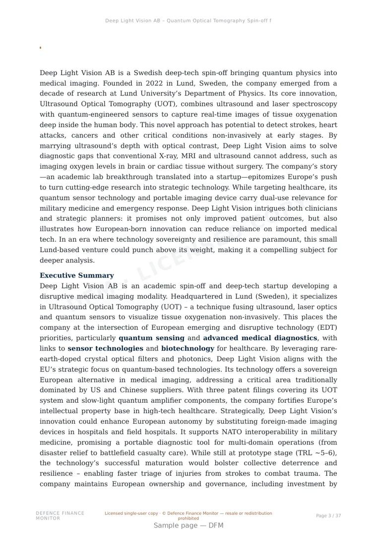Sample page from “Deep Light Vision AB – Quantum Optical Tomography Spin‑off from Lund University” — 38-page report