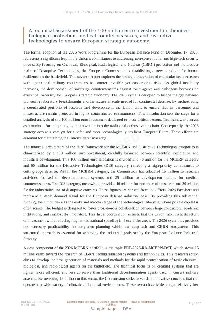 Sample page from “Deep-Tech, CBRN, and Human Resilience: Analyzing the 2026 EDF Framework” — 8-page report
