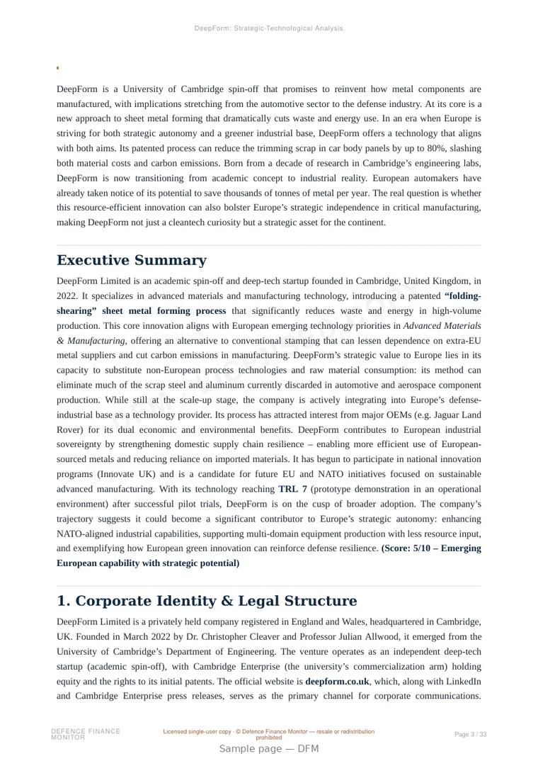 Sample page from “DeepForm — United Kingdom advanced machining company” — 34-page report