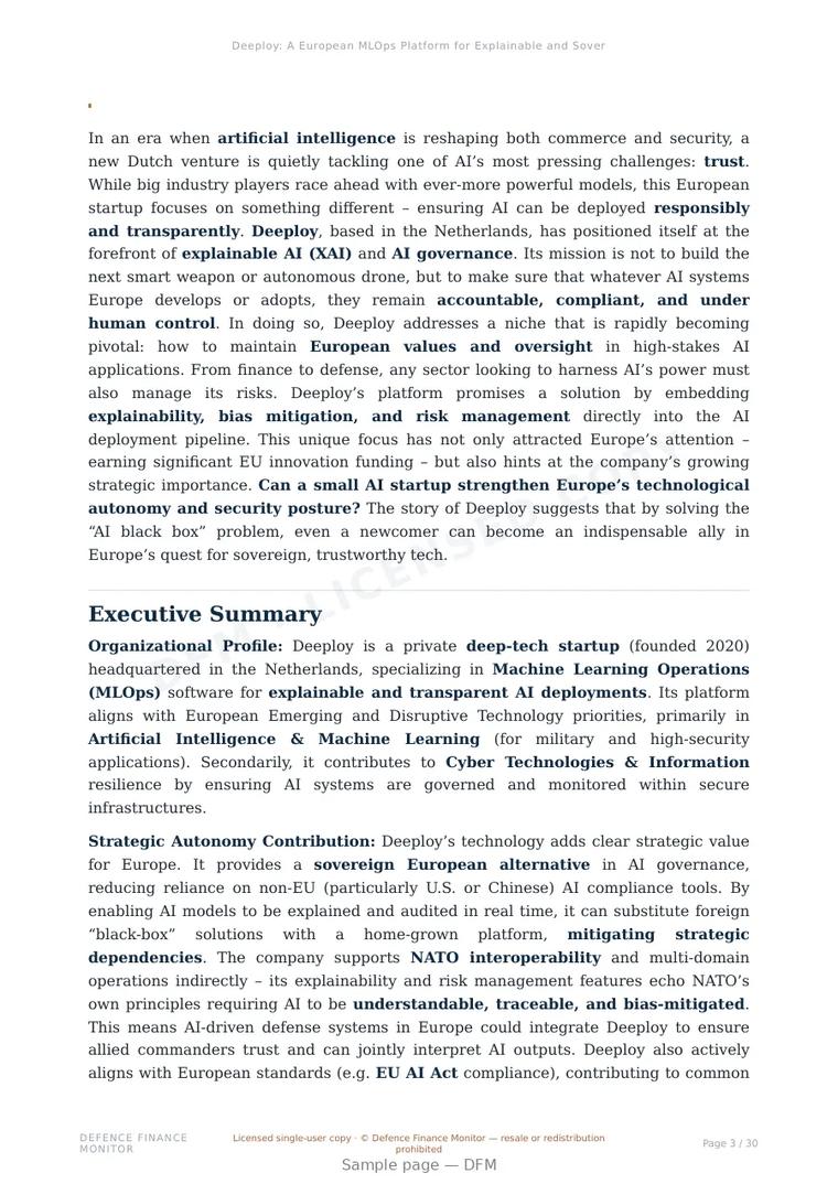Sample page from “Deeploy: A European MLOps Platform for Explainable and Sovereign AI Deployment” — 31-page report
