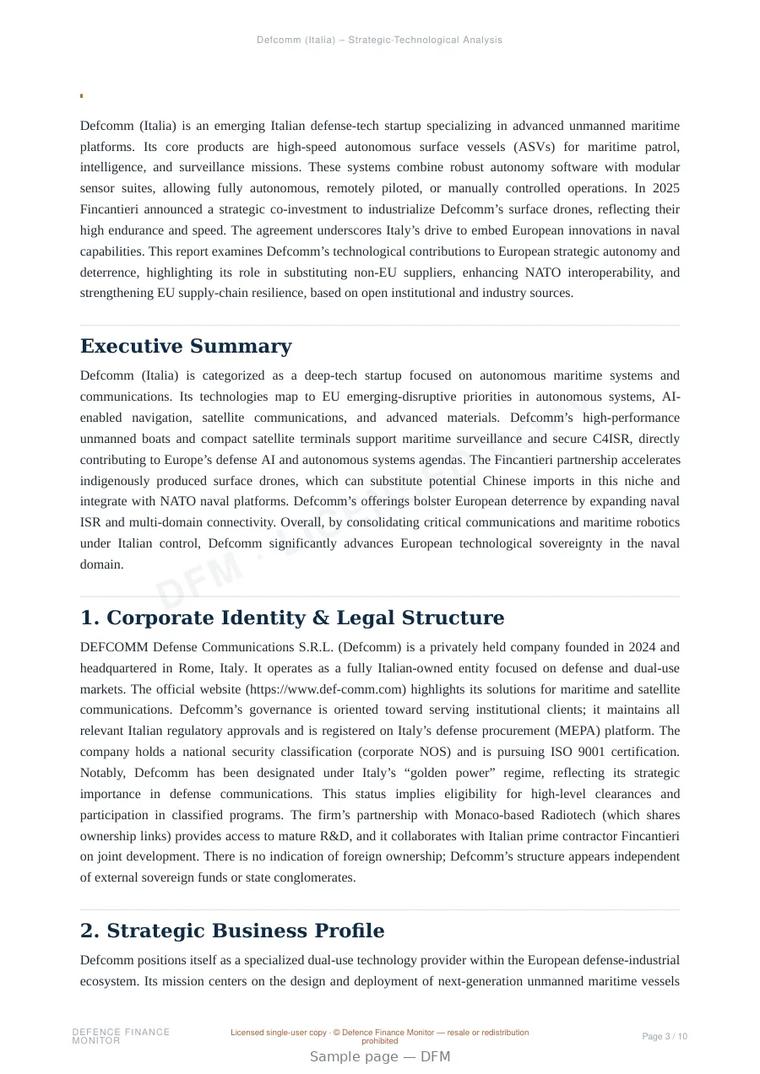 Sample page from “Defcomm — Italy unmanned surface systems company” — 11-page report