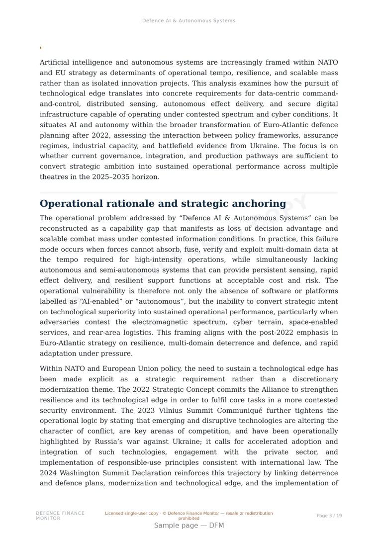 Sample page from “Defence AI & Autonomous Systems” — 20-page report