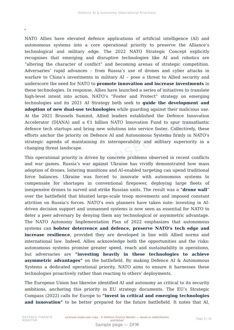 Sample page from “Defence AI & Autonomy (Operational Priorities)” — 33-page report