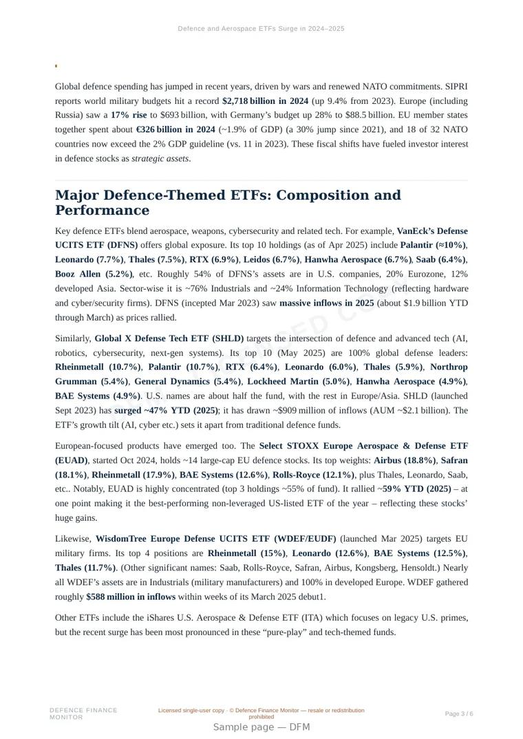 Sample page from “Defence and Aerospace ETFs Surge in 2024–2025” — 7-page report