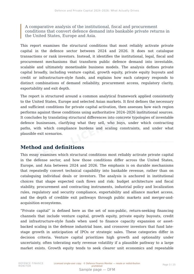 Sample page from “Defence and Private Capital 2024–2026: What Actually Drives Investment” — 26-page report