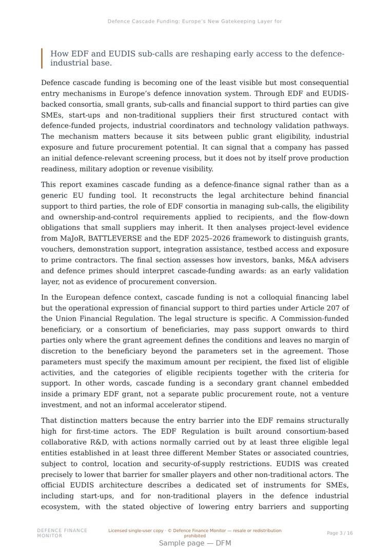 Sample page from “Defence Cascade Funding: Europe’s New Gatekeeping Layer for SMEs” — 17-page report