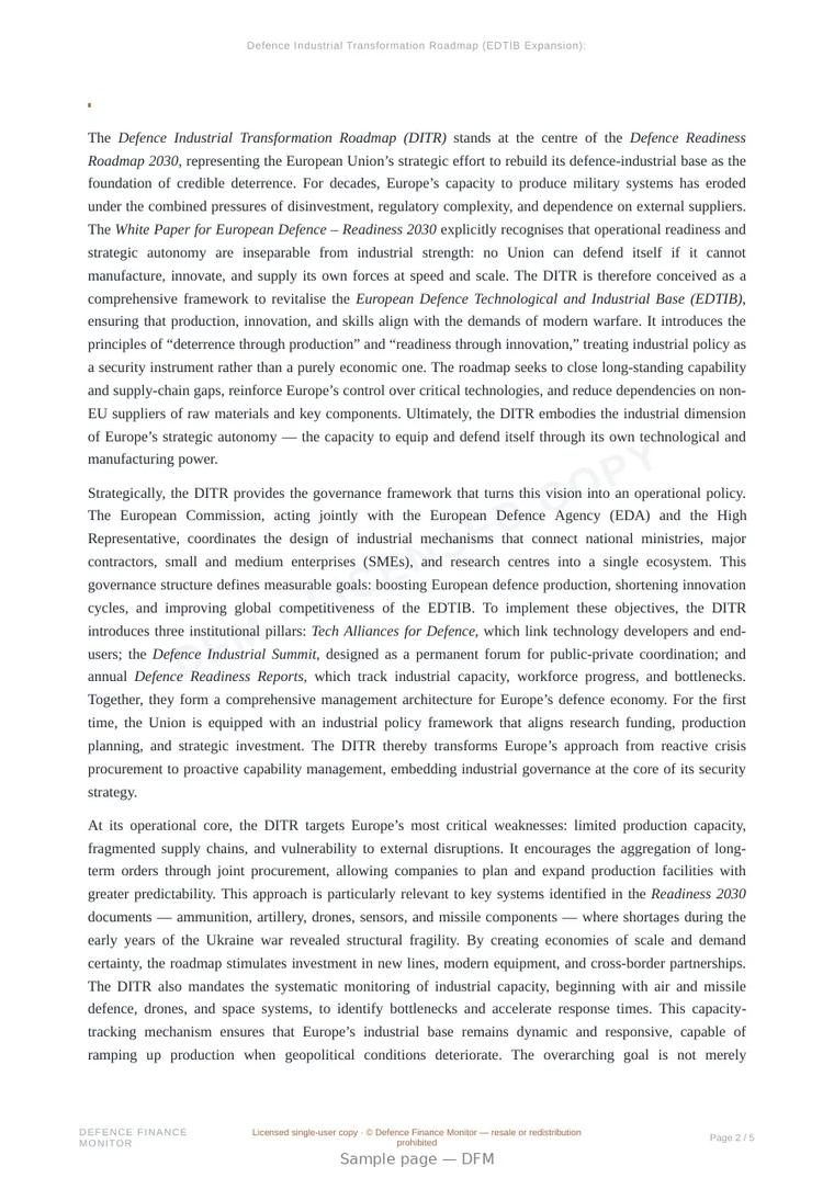 Sample page from “Defence Industrial Transformation Roadmap (EDTIB Expansion): Rebuilding Europe’s Capacity for Deterrence through Production” — 6-page report