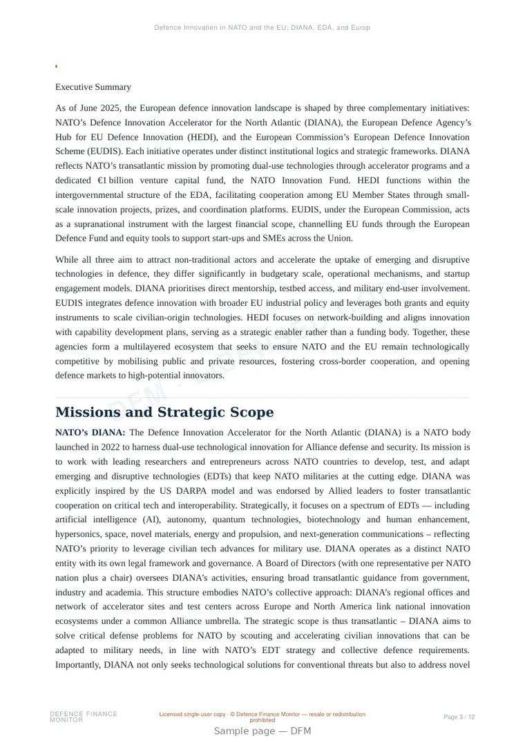 Sample page from “Defence Innovation in NATO and the EU: DIANA, EDA, and Europe’s DARPA-like Initiatives” — 13-page report