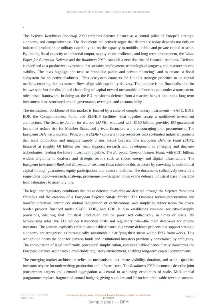 Sample page from “Defence Investment Market and Private Capital Mobilisation: Building Europe’s Fiscal Ecosystem for Strategic Readiness” — 8-page report