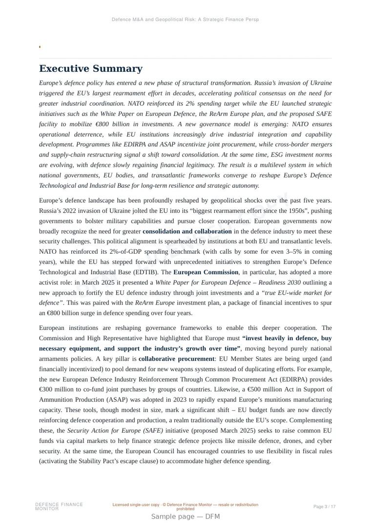 Sample page from “Defence M&A and Geopolitical Risk: A Strategic Finance Perspective” — 18-page report