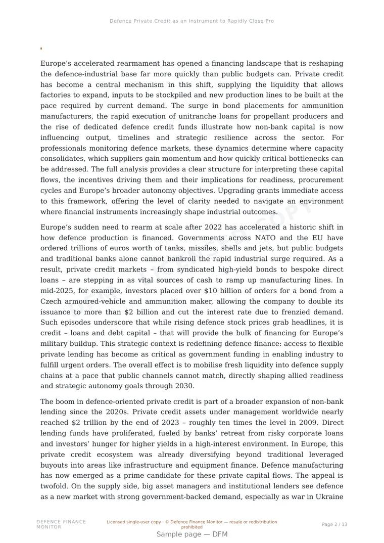 Sample page from “Defence Private Credit as an Instrument to Rapidly Close Production Bottlenecks” — 14-page report