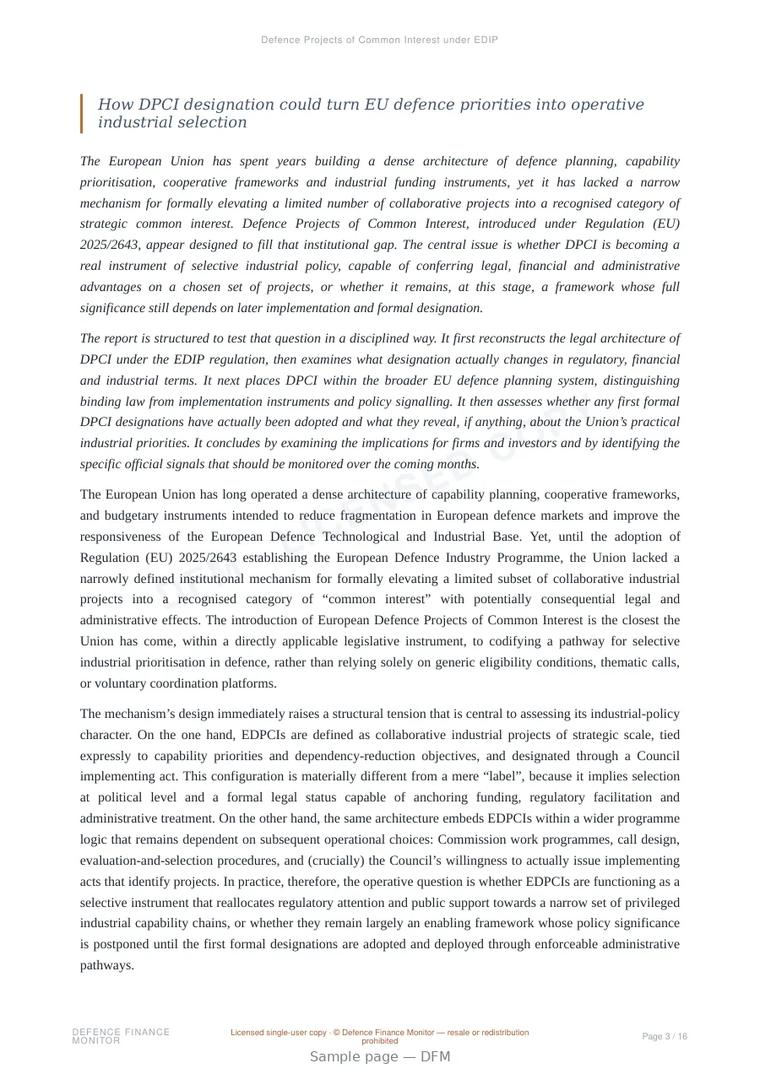 Sample page from “Defence Projects of Common Interest under EDIP” — 17-page report