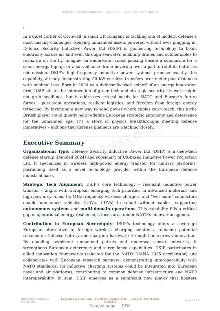 Sample page from “Defence Security Inductive Power Ltd — Wireless Power for European Defence” — 28-page report