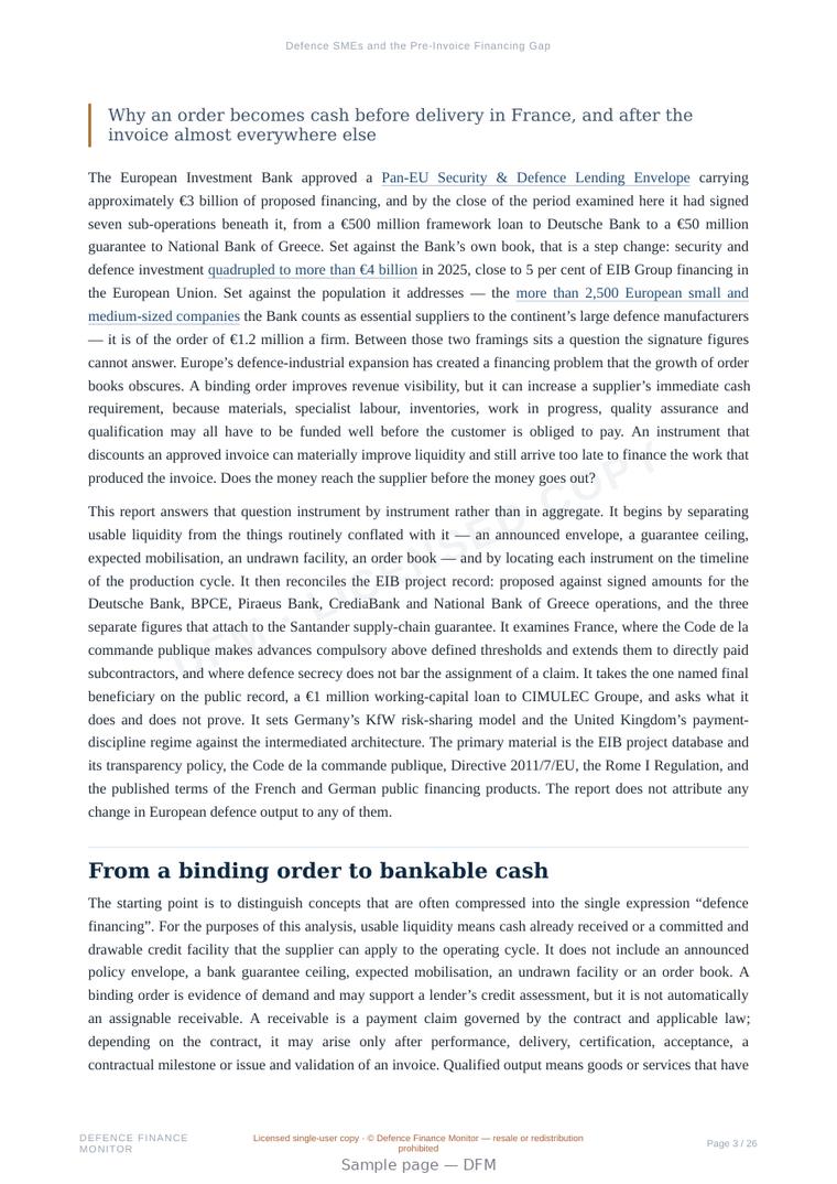 Sample page from “Defence SMEs and the Pre-Invoice Financing Gap” — 27-page report