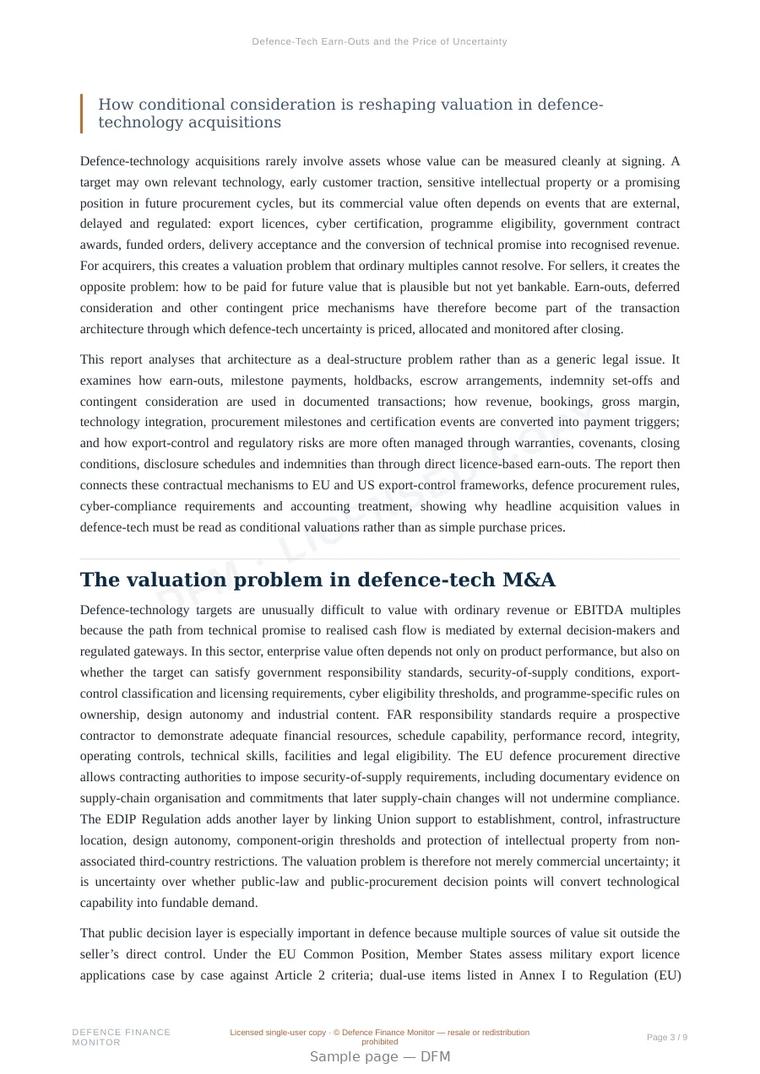 Sample page from “Defence-Tech Earn-Outs and the Price of Uncertainty” — 10-page report