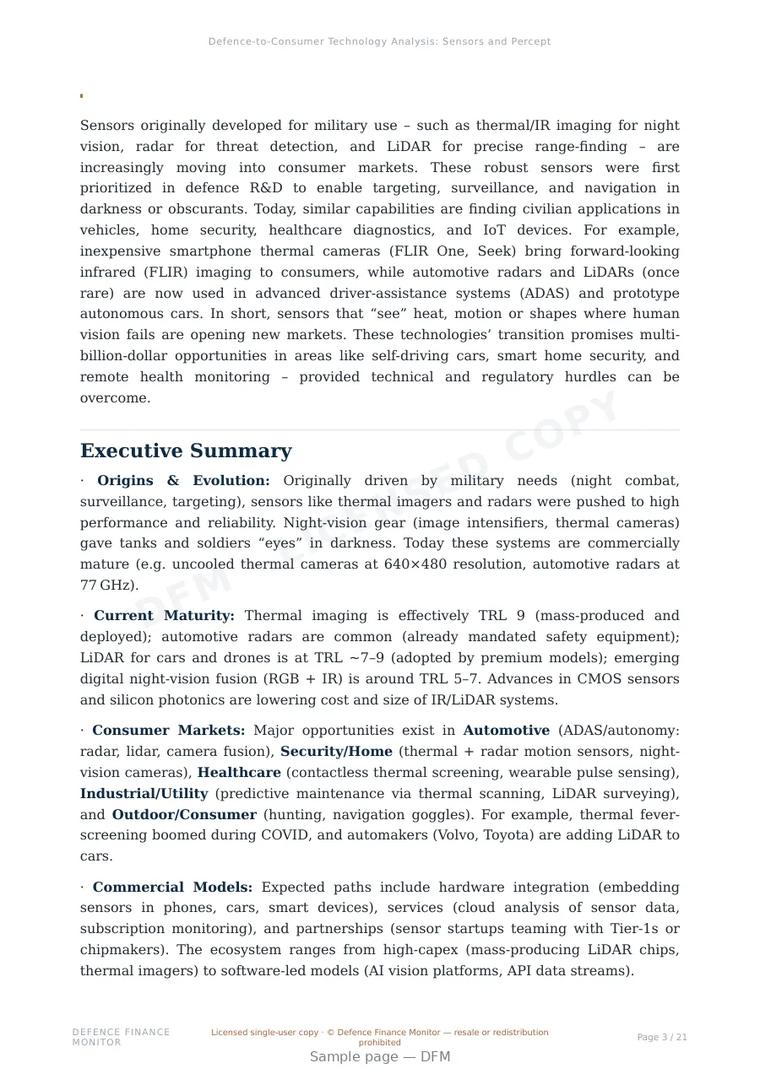 Sample page from “Defence-to-Consumer Technology Analysis: Sensors and Perception” — 22-page report