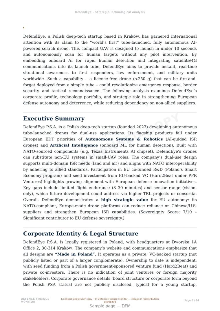 Sample page from “DefendEye — Poland unmanned aerial systems company” — 15-page report