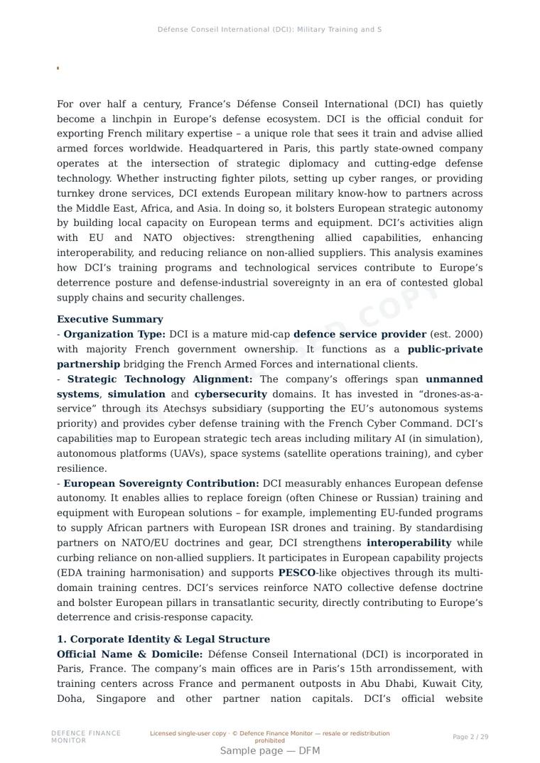 Sample page from “Défense Conseil International (DCI): Military Training and Sovereignty Services Analysis” — 30-page report