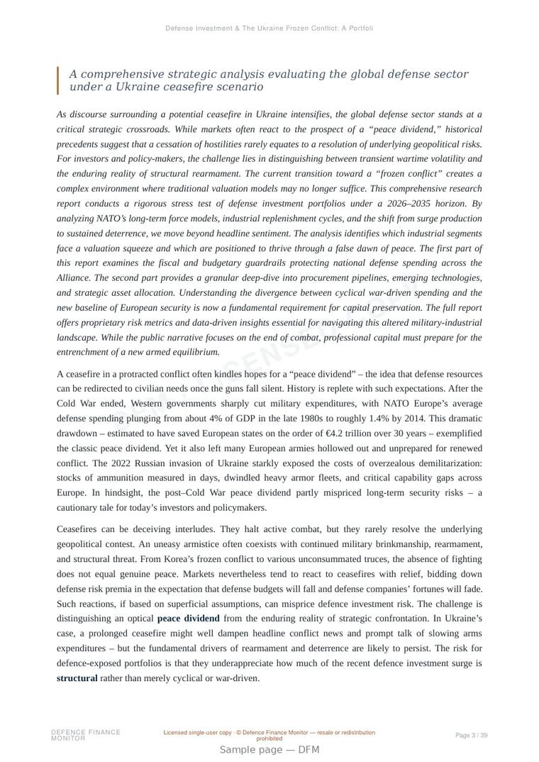 Sample page from “Defense Investment & The Ukraine Frozen Conflict: A Portfolio Stress Test” — 40-page report