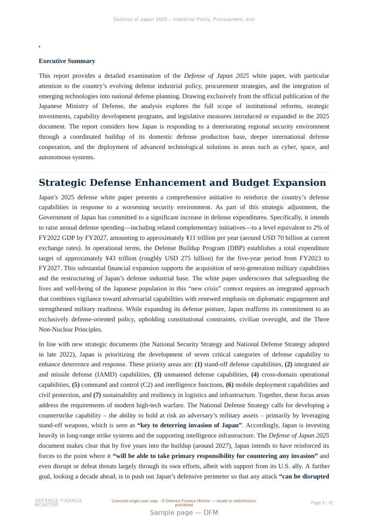 Sample page from “Defense of Japan 2025 – Industrial Policy, Procurement, and Technology Integration” — 13-page report