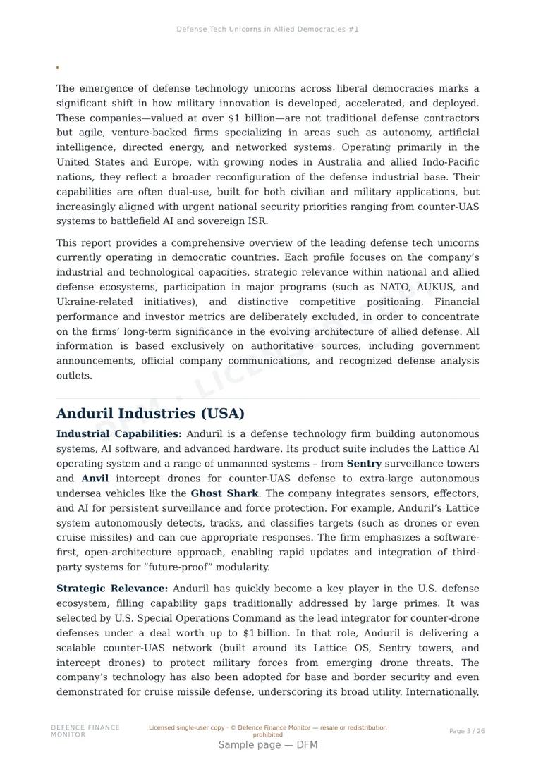 Sample page from “Defense Tech Unicorns in Allied Democracies #1” — 27-page report