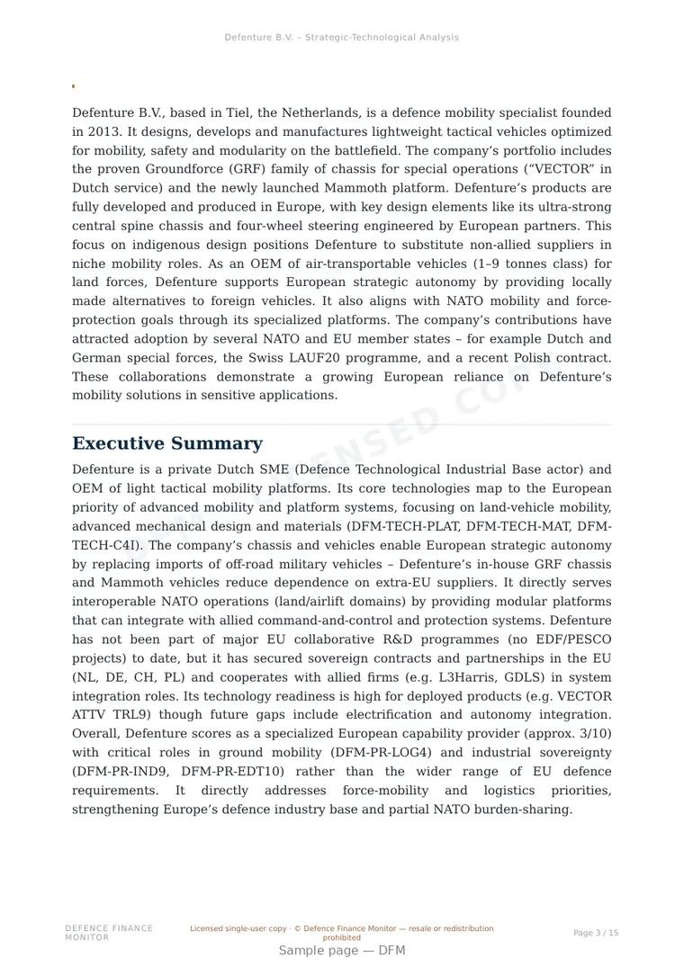 Sample page from “Defenture B.V. — Netherlands land platforms company” — 16-page report