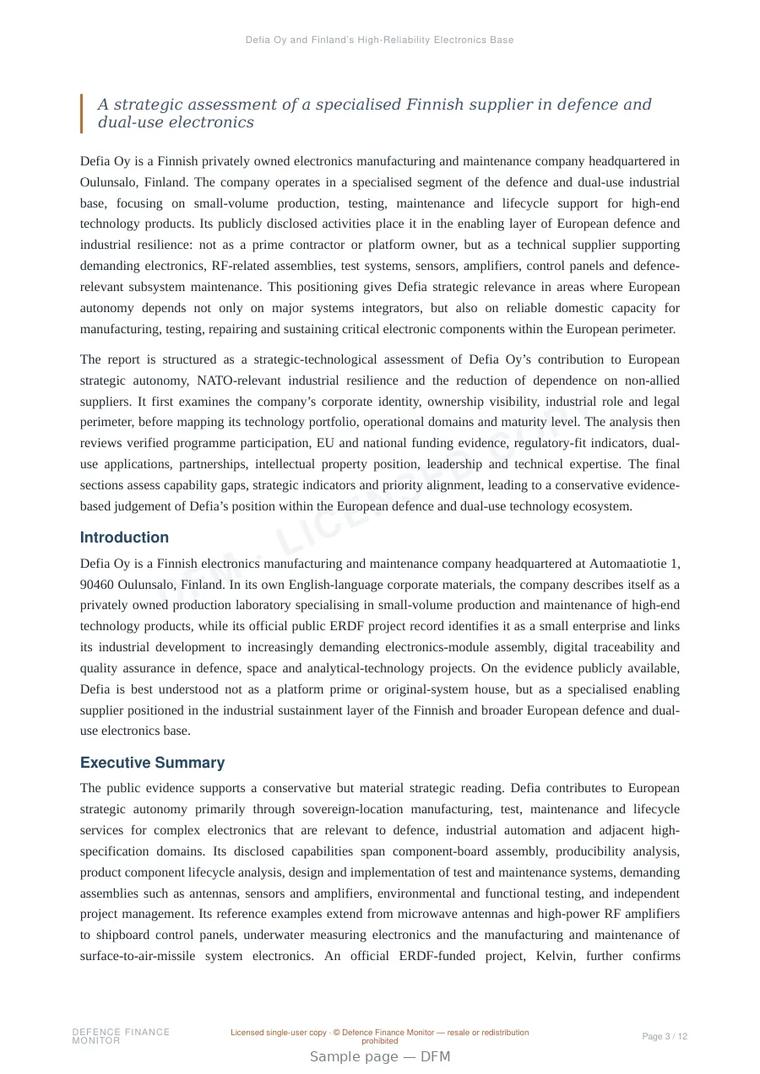 Sample page from “Defia Oy and Finland’s High-Reliability Electronics Base” — 13-page report
