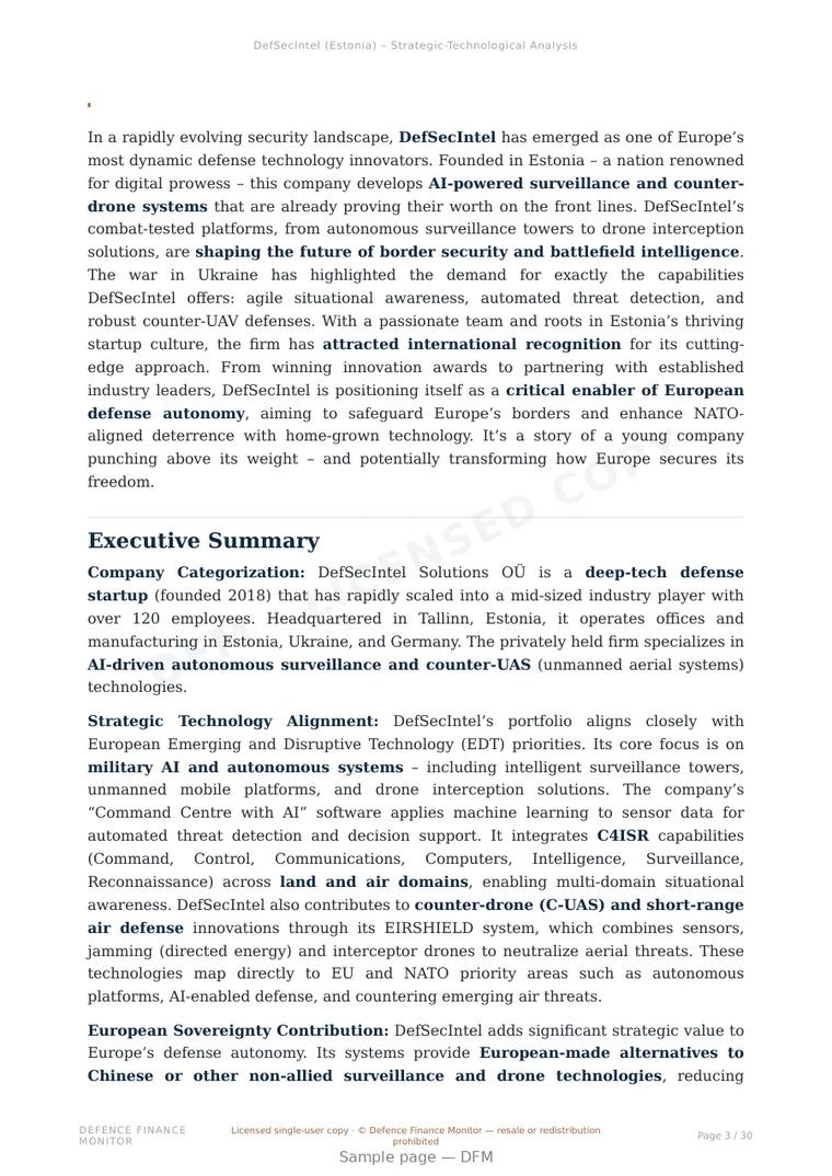 Sample page from “DefSecIntel — Estonia ai for isr company” — 31-page report