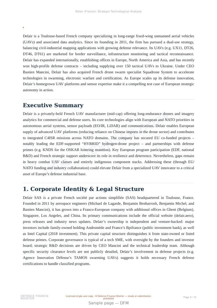 Sample page from “Delair — France unmanned aerial systems company” — 13-page report