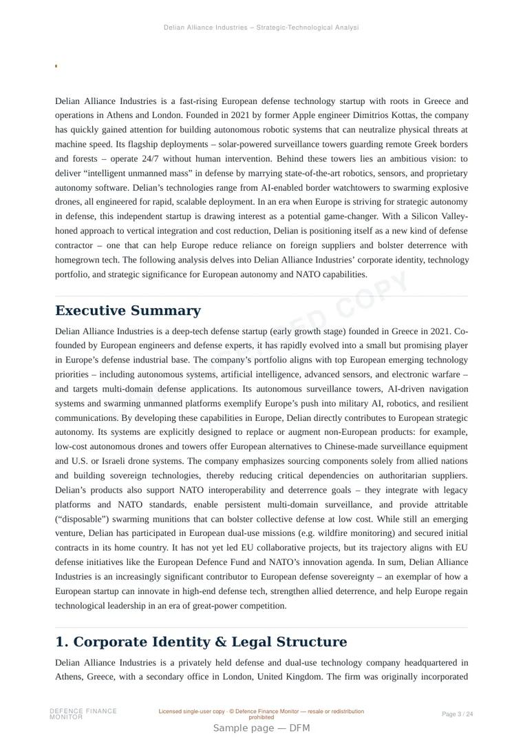Sample page from “Delian Alliance Industries — Greece autonomous systems company” — 25-page report