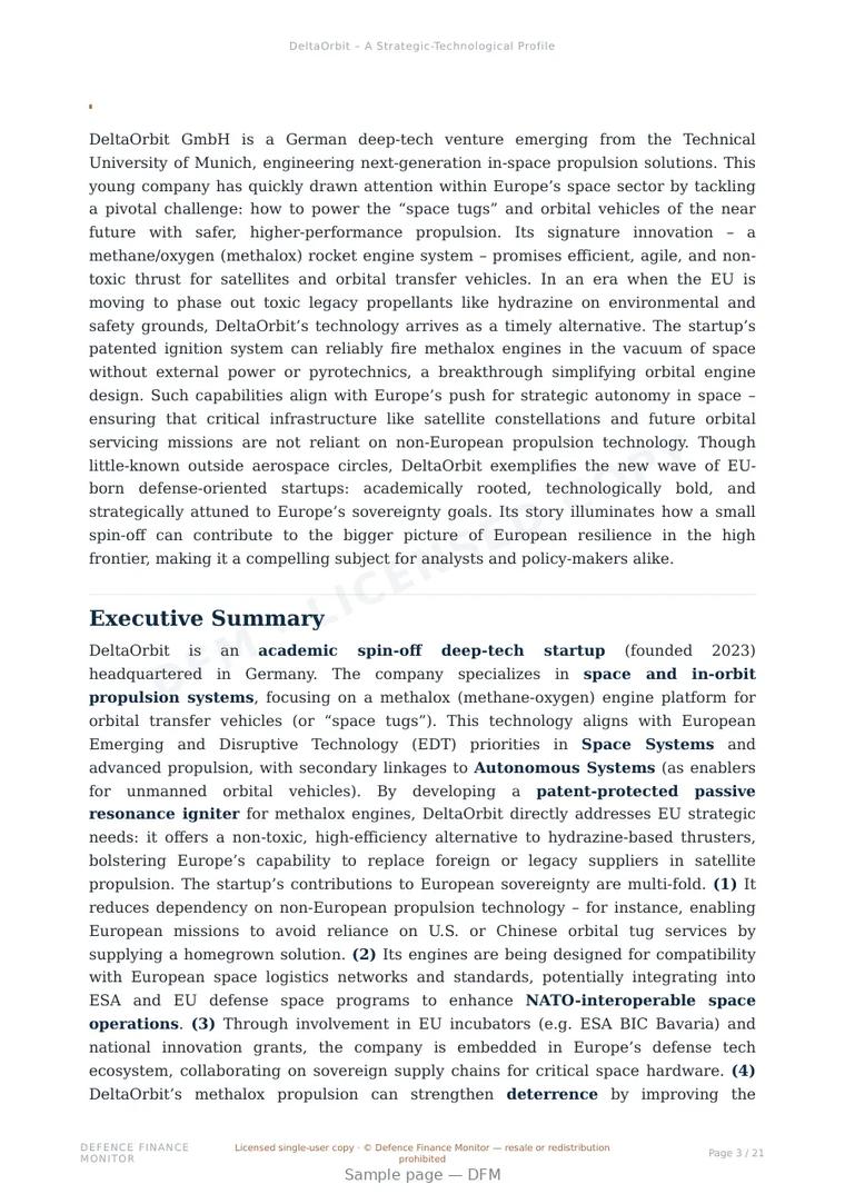 Sample page from “DeltaOrbit – A Strategic-Technological Profile” — 22-page report