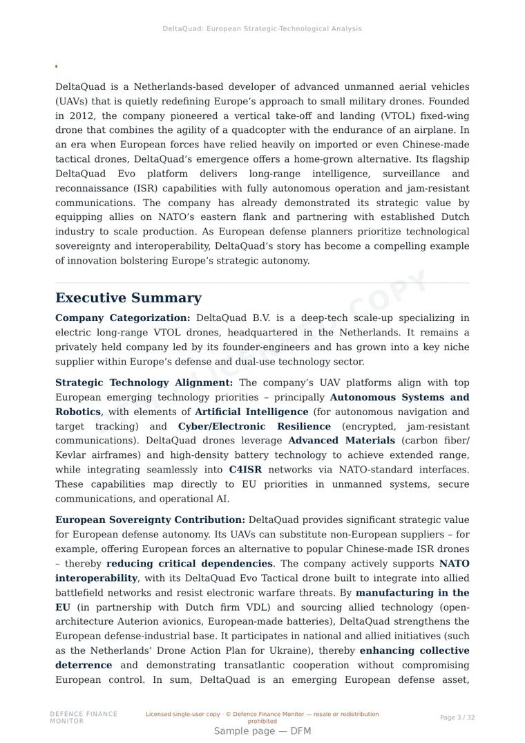 Sample page from “DeltaQuad — Netherlands unmanned aerial systems company” — 33-page report