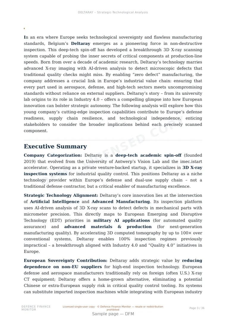 Sample page from “Deltaray — Belgium advanced sensors company” — 37-page report