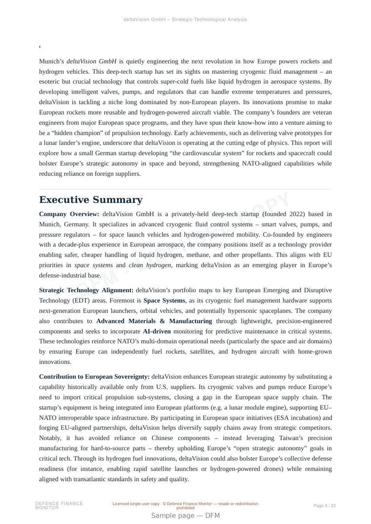 Sample page from “deltaVision GmbH — Germany hydrogen systems company” — 24-page report