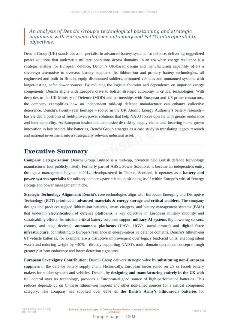 Sample page from “Denchi Group (UK): Technological Capabilities and Strategic Relevance for European Defence” — 39-page report