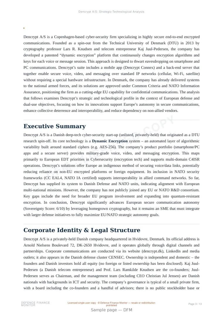 Sample page from “Dencrypt A/S — Denmark cryptography company” — 14-page report