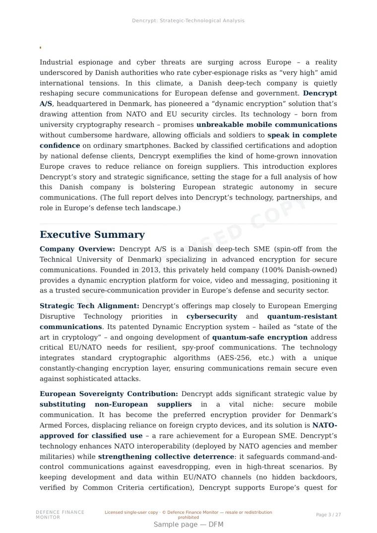 Sample page from “Dencrypt A/S — Denmark cryptography company” — 28-page report