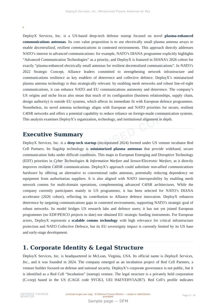 Sample page from “DeployX Services, Inc.: Miniaturized Plasma Antennas for Resilient Communications” — 17-page report