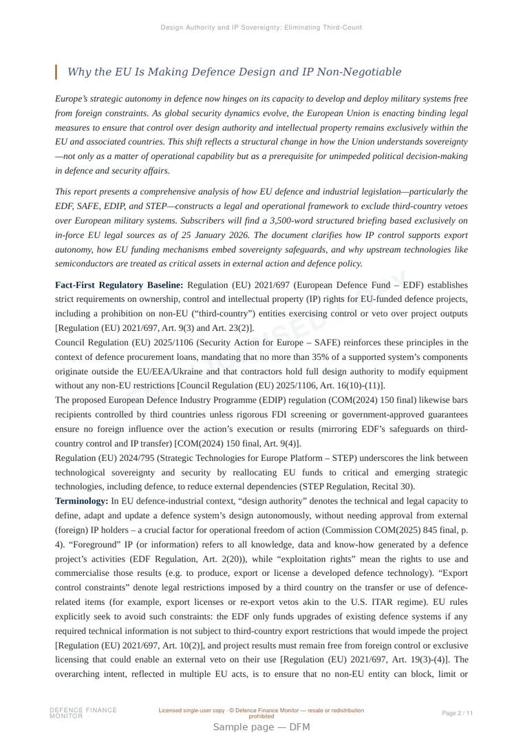 Sample page from “Design Authority and IP Sovereignty: Eliminating Third-Country Veto Power in EU Defence” — 12-page report