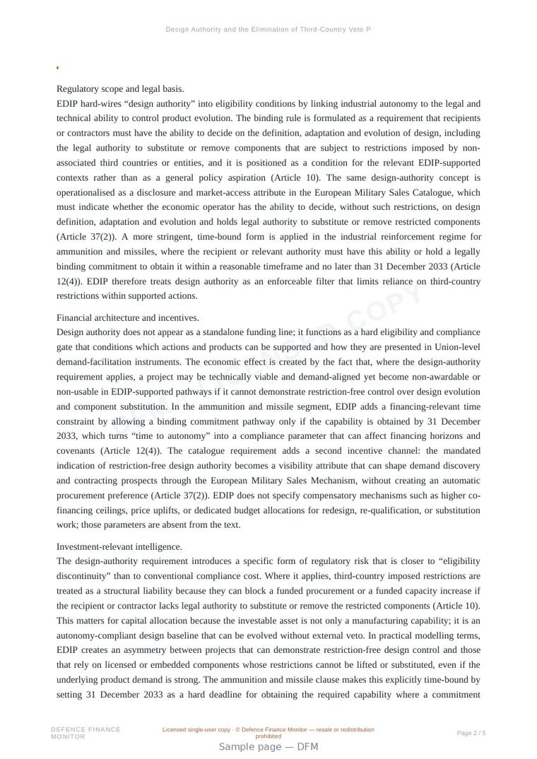 Sample page from “Design Authority and the Elimination of Third-Country Veto Power under EDIP” — 6-page report
